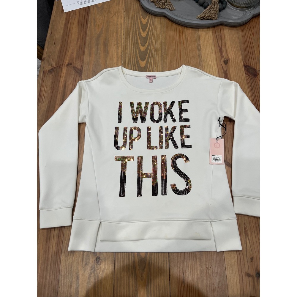 Juicy Couture White Sequin I Woke Up Like This‎ Sweatshirt Womens Medium
